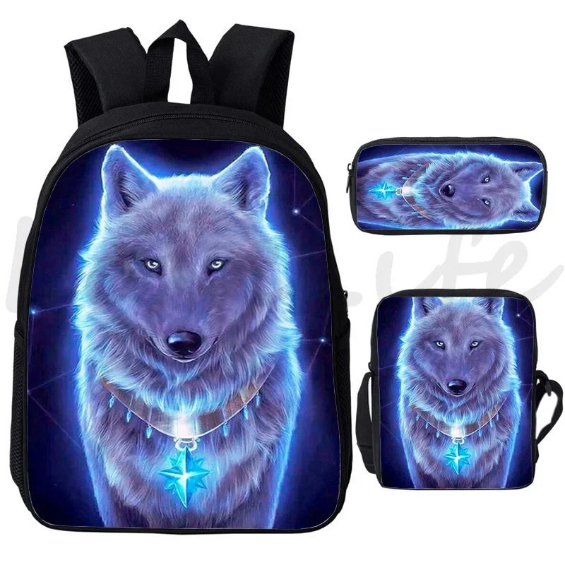 3pcs Animal Lion Wolf Backpack Shoulder Bag Pencil Case Boys Girls Cool Schoolbag Wolf Pattern Students Rucksack Travel Bags Set