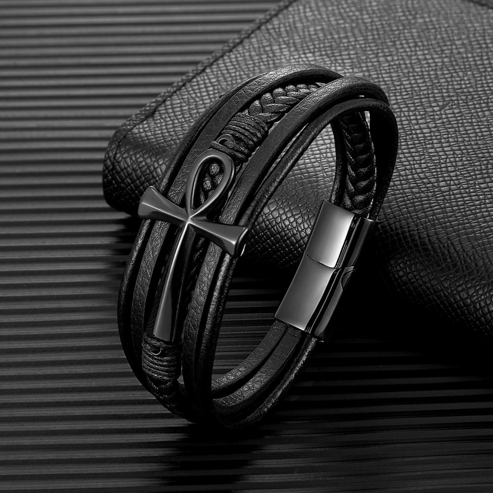 Eenvoudig Klassiek Kruis Egyptische Ankh Levenssymbool Antiek Meerlaags Leren Armband Mannen 316L Magnetische Sluiting Wrap Armband