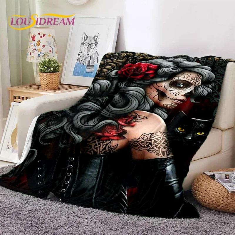 Totenkopf Totes Mädchen 3D Gothic Horror Weiblich Rose Weiche Flanelldecke für Betten Schlafzimmer Sofa Picknick, Überwurfdecke zum Zudecken Freizeit