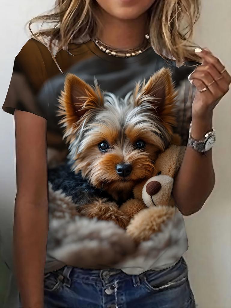 Women's Tops 2026 Trend T Shirt 3D Dog Graphic Printing Summer Breathable Round Neck Short Sleeved Top Fashion Clothes for Woman