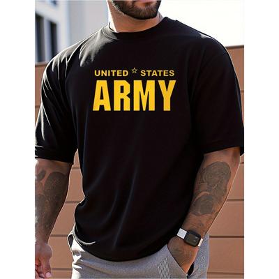 European Sizes Men's  Military T-Shirt - Oversized Loose Fit Short Sleeve with Bold Yellow  Print & Army Star Logo, Breathable Casual Summer