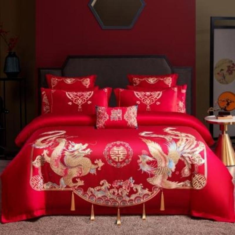New Chinese Style Big Red Embroidery Wedding Quilt Cover Polished Wedding Room Bedding Wedding Four-piece Multi-piece Set