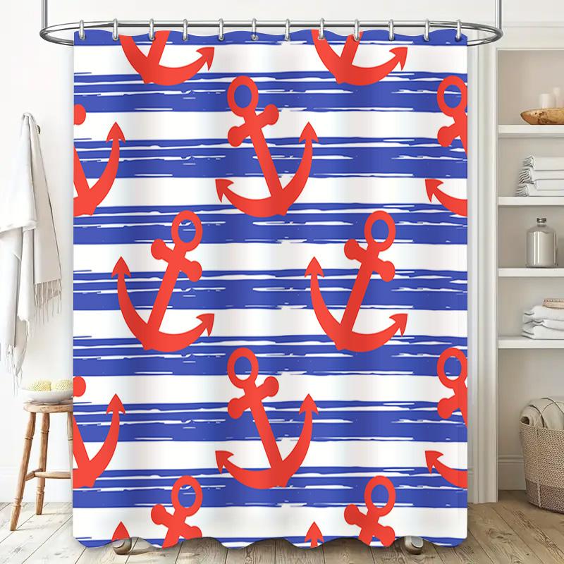 Röda Ankare Blårandig Duschdraperi Vattentät Polyester Badrumsinredningsset