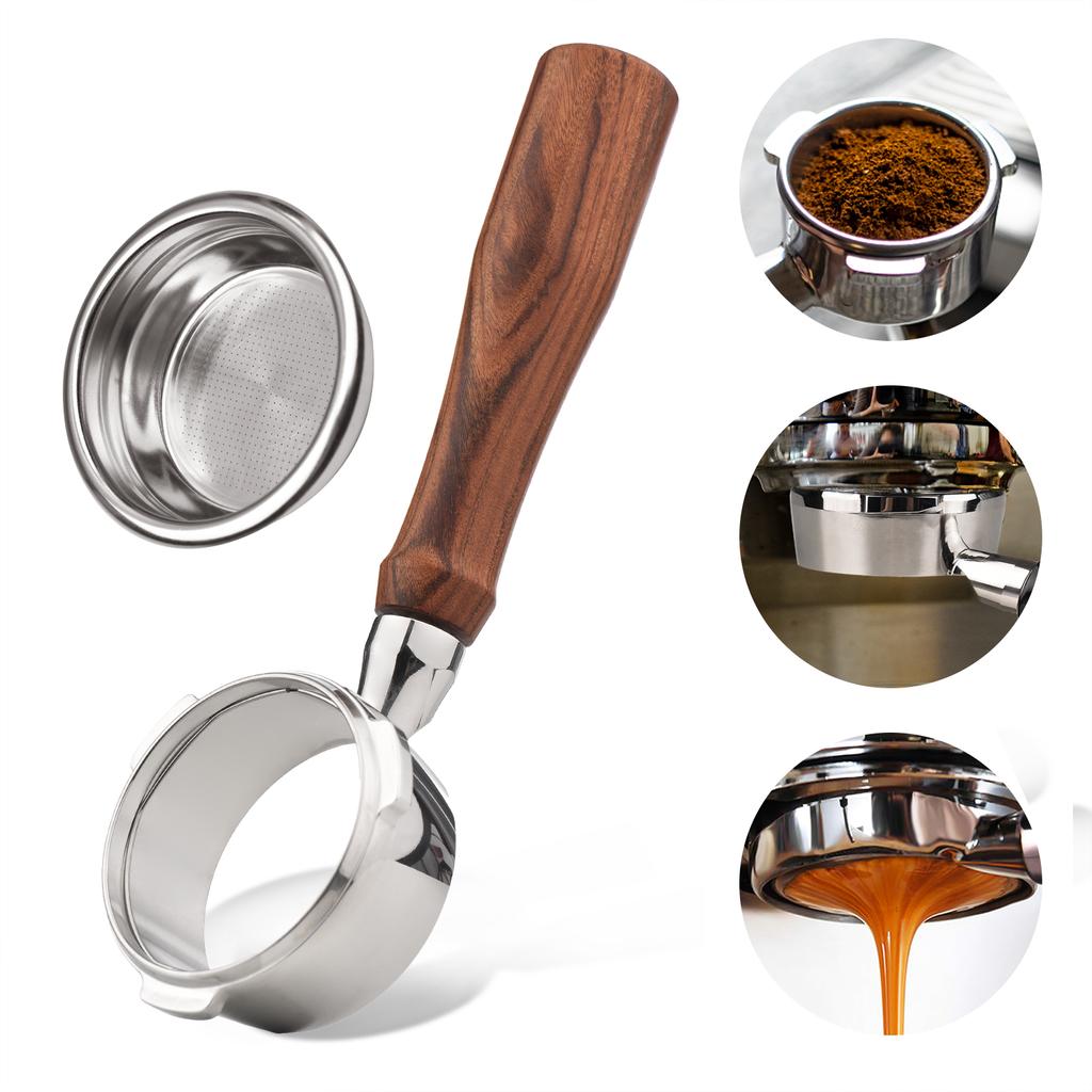 58 mm 3-Ohren-Edelstahl-Bodenloser nackter Siebträger aus Holz für Kaffeegriffe, Tassenfilterkorb