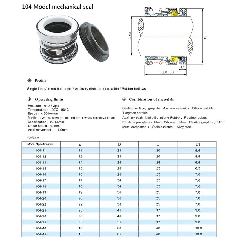 1Set 104-12/14/15/16/17/18/19/20/22/25/28/30/35/40Mm Guarnizione albero meccanico a molla singola per pompa acqua