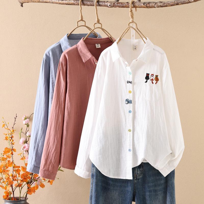 Spring 2026 Women's Cartoon Embroidery Gauze Long Sleeve Cardigan Shirt