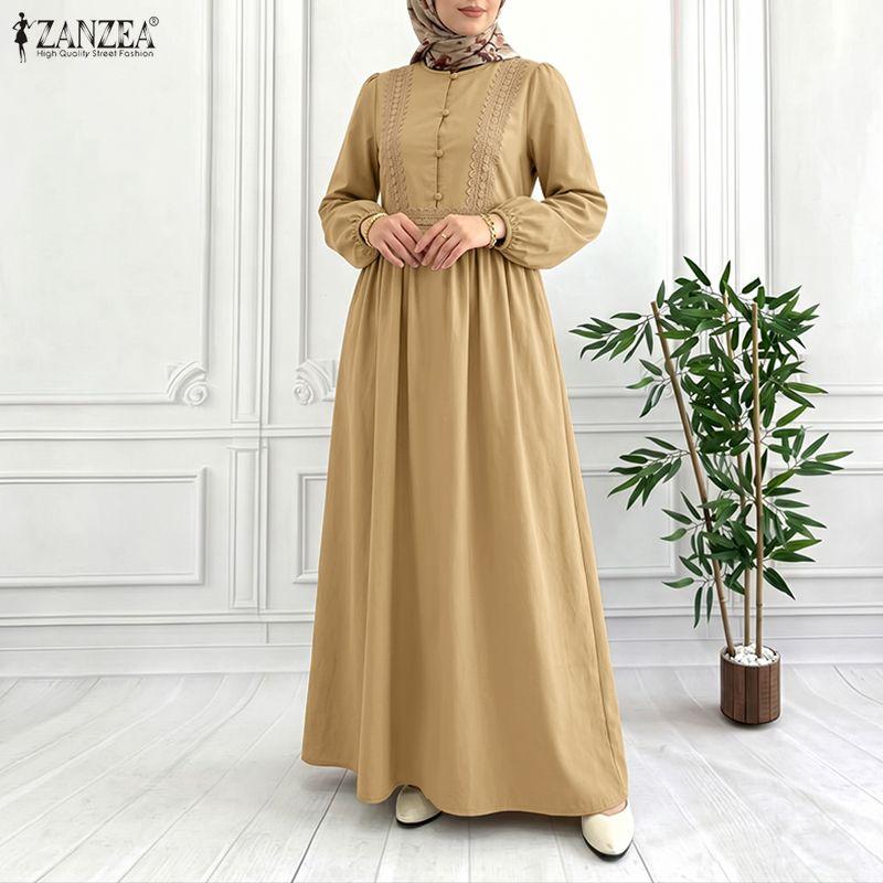 ZANZEA Women Casual Round Neck Loose Long Sleeve Muslim Dress