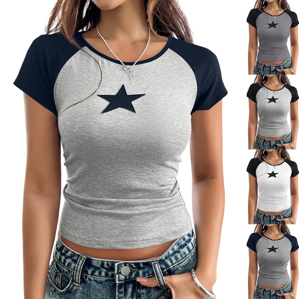 Women's Fashion Round Neck Five-Pointed Star Colorblock Short Sleeve Top