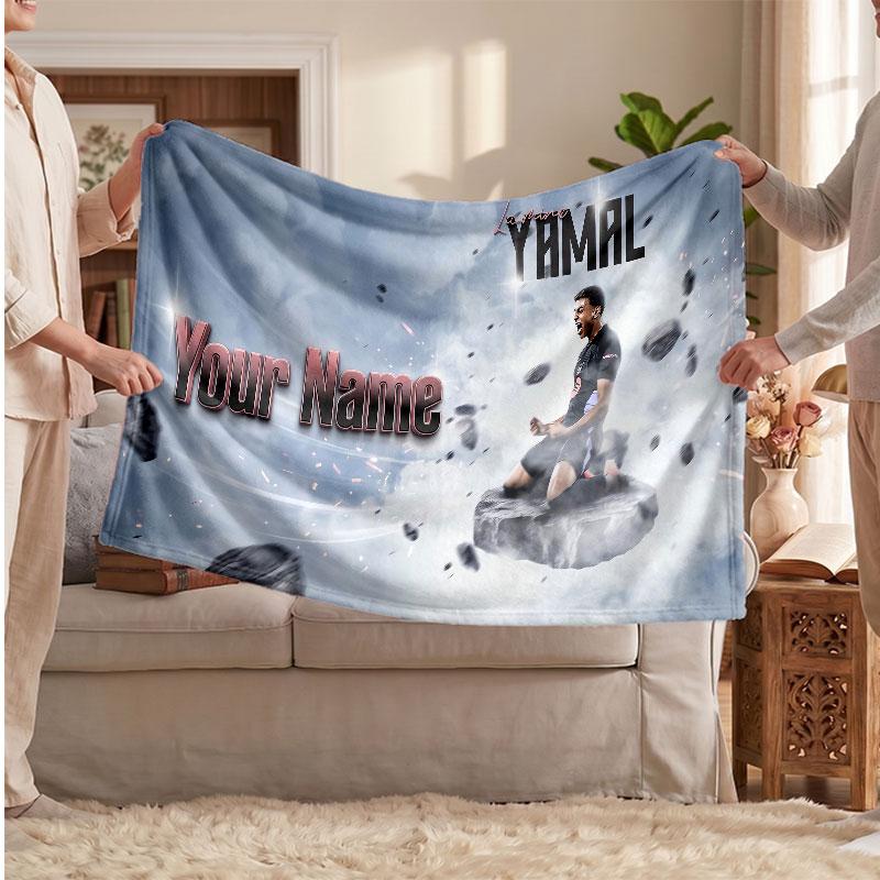 Lamine Yamal Personalized Fleece Blanket With Football Logo, Custom Name Text Soft Warm Home Throw Blanket