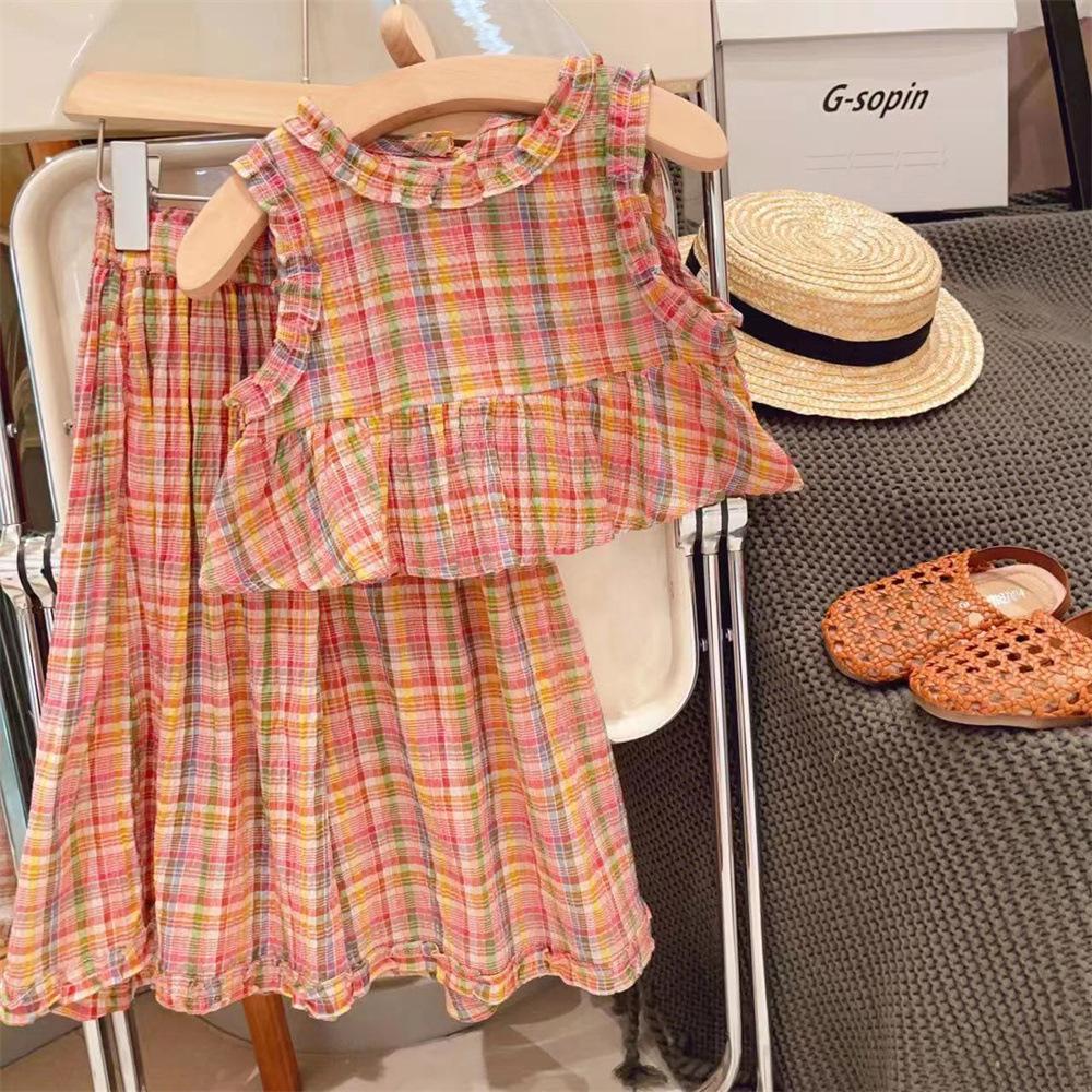 Girls Summer Color Plaid Suit Cool Lace Vest Wide-leg Pants Casual Suit