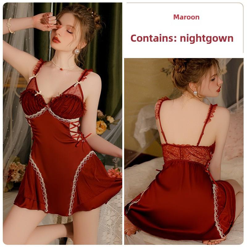 Comfortable Satin Yarn See-through Deep V Plus Chest Pad Nightdress Robe Loungewear Set