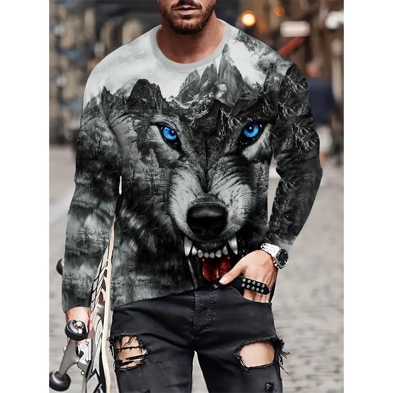 „Animal Print“ vyriški marškinėliai ilgomis rankovėmis „Pavasario ir rudens“ vyriški kasdieniai laisvalaikio 3D „Wolf Print“ vyriški madingi marškinėliai ilgomis rankovėmis
