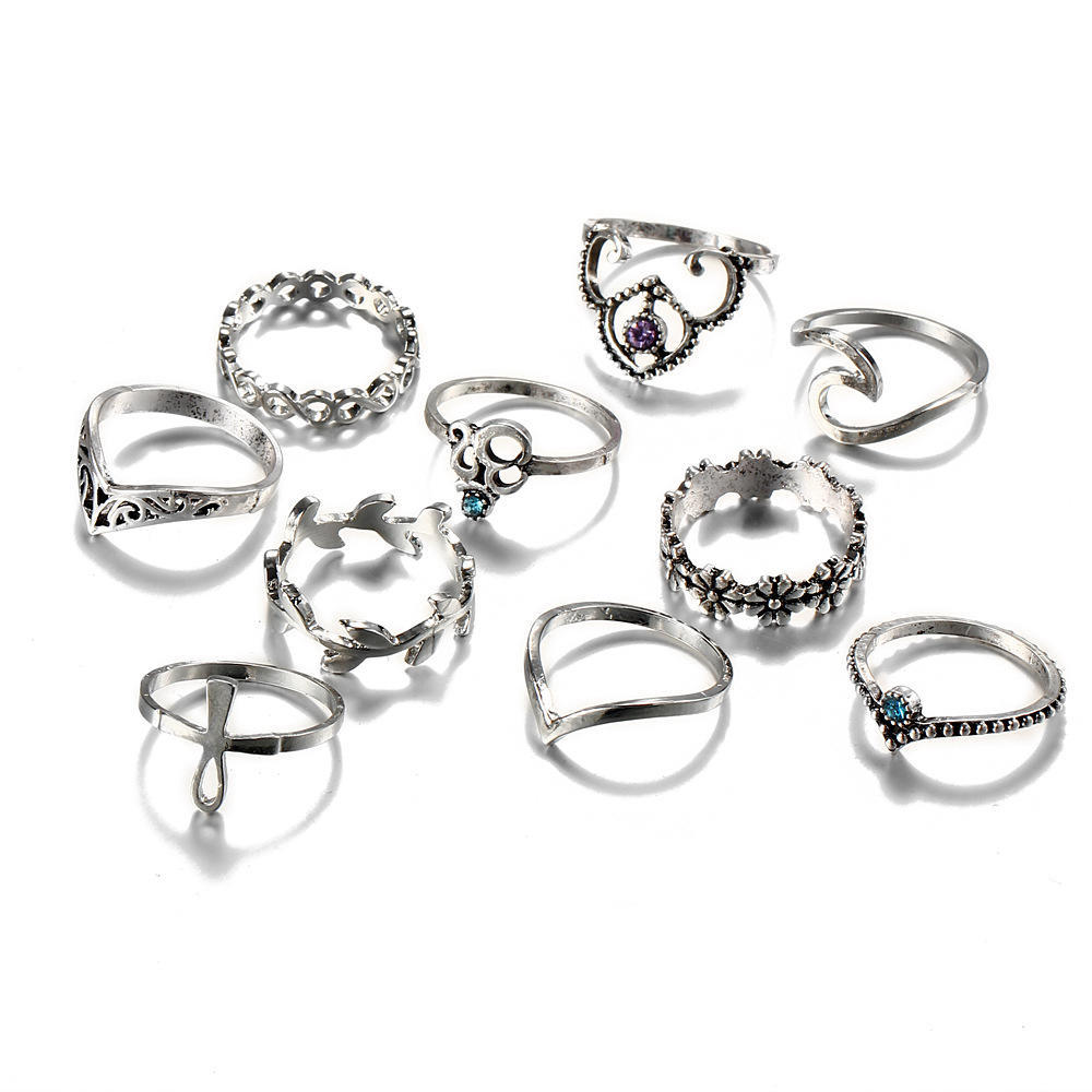 10 Pcs / Set New Arrival Flower Gemstone Carved Ring Set Bohemian Vintage Jewelry Women Accessories ADM