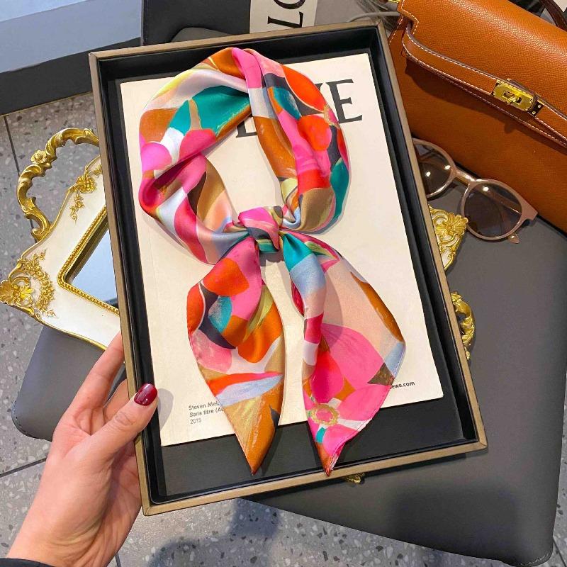 New Striped Silk Scarf Simulation Silk Small Square Scarf Simple Fashion Professional Scarf Silk Scarf Square Scarf High-end Matching