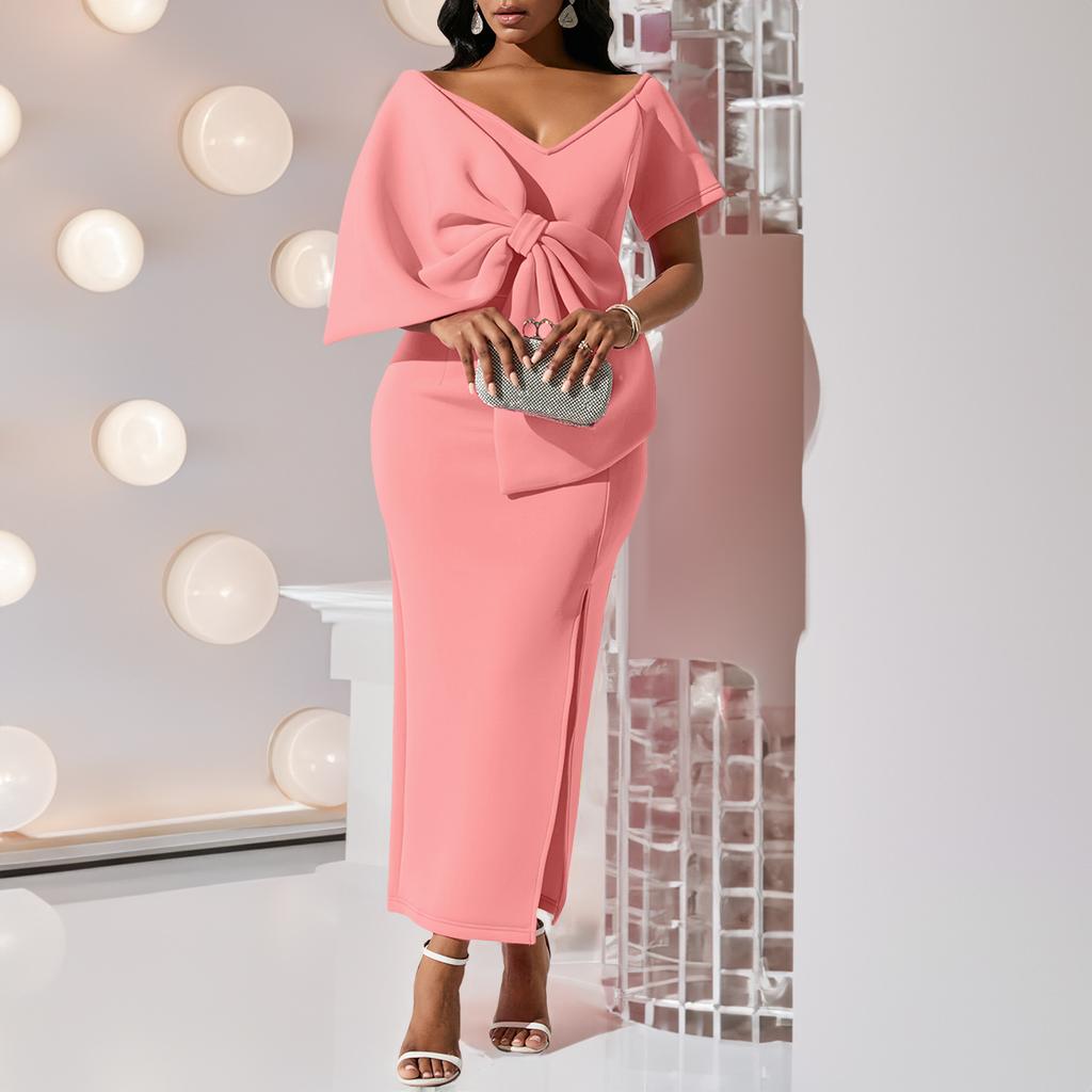 Large Size Women Summer Fashion Sexy Short Sleeves Bowknot Dress Ladies Elegant One Piece Solid Slit Long Dress