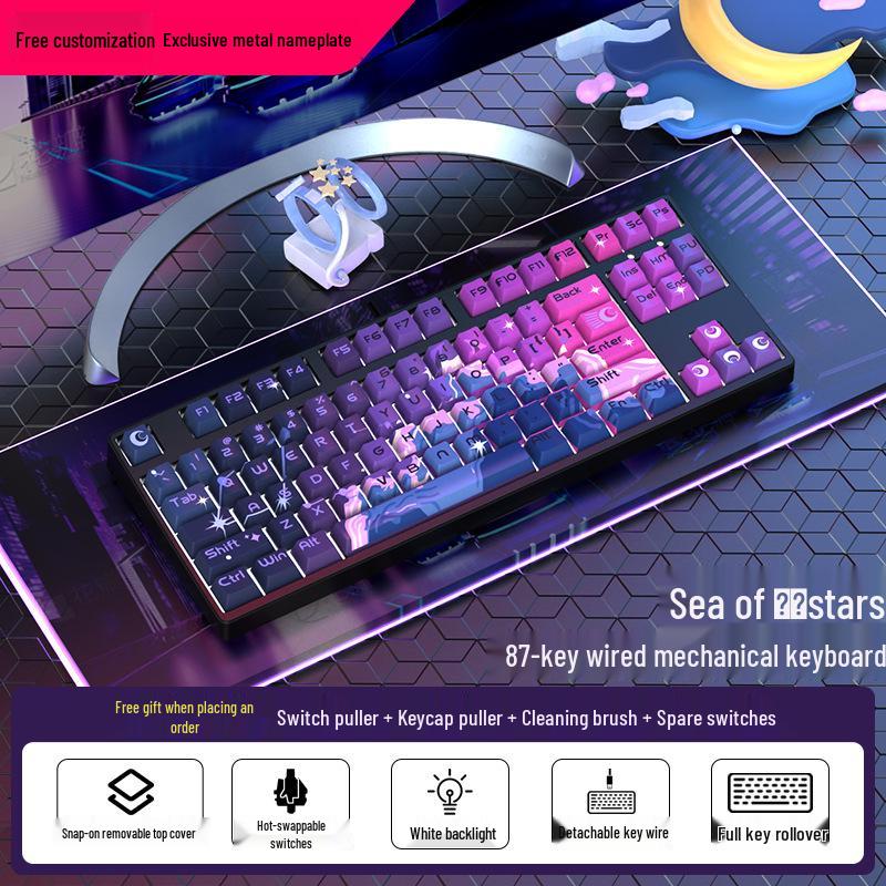 87-Key Schattig Mechanisch Toetsenbord, Bedraad Blauwe Schakelaar, Gepersonaliseerd PBT voor Gaming, Esports, Kantoor, Creatieve Meisjes