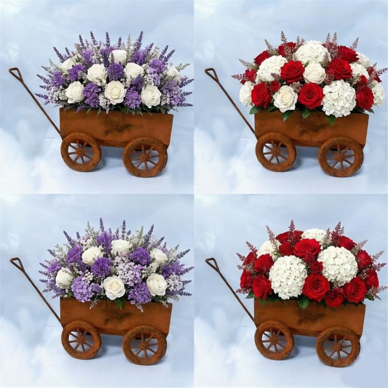 Unique Distressed Cart Flower Pot On Wheels for Greenery And Flower Displays In Garden Or Home