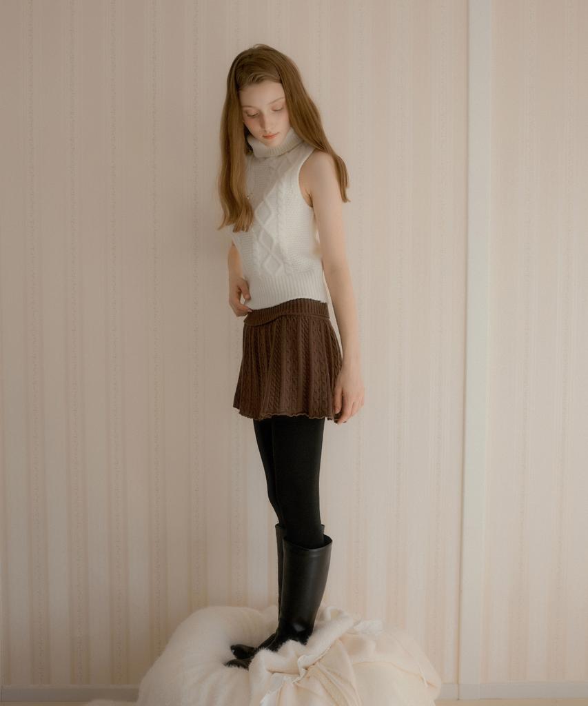 Letter From Moon Jess Cable Pleated Knit Skirt (Brown)