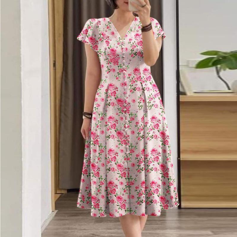 ZANZEA Damen Casual V-Ausschnitt Kurzarm Sommerkleid mit Blumendruck