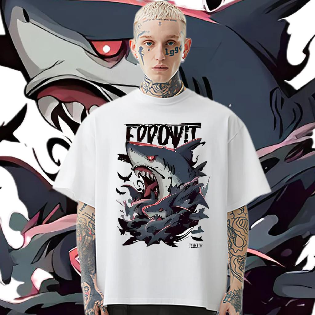 Wrathful Shark T-shirt Loose O-Neck Tops Hip Hop Style For Men‘s Clothes Graphic Printing Tshirt Fashion Oversize Street Tees