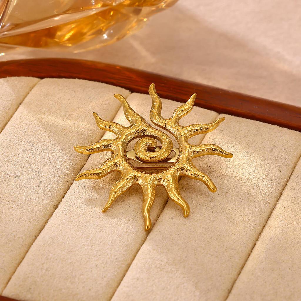 Gold Color Elegant Women's Brooch Geometric Spiral Sun Flower Decoration Pins Stainless Steel Waterproof Party Wedding Jewelry