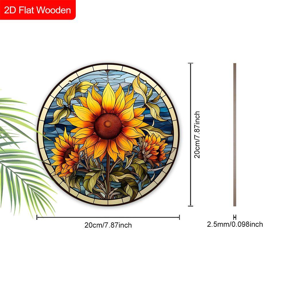 Stained Glass Style Sunflower Round Wooden Hanging Sign, 2D Flat Printed Floral Front Door Decor, Botanical Wall Ornament Gift
