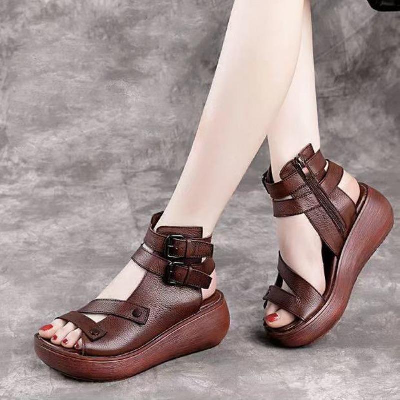 Fashion Comemore Women's Sandals Summer Mid Heeled Wedges Shoes for Women Retro Leather Gladiator Sandals Platform Rome Solid Sandalias
