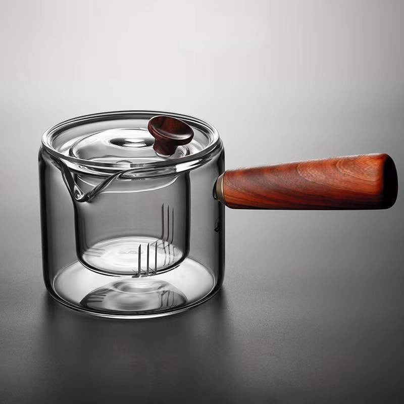 Side Handle Glass Teapot, Teapot Can Be Heated, Wood Handle Tea Maker, Teapot, Heat-resistant Intuitive Pot, Household Kettle