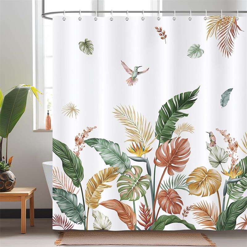 Tropical Hummingbirds Shower Curtains Green Gold Palm Monstera Leaves Flowers Bath Curtain Polyester Fabric Home Bathroom Decor