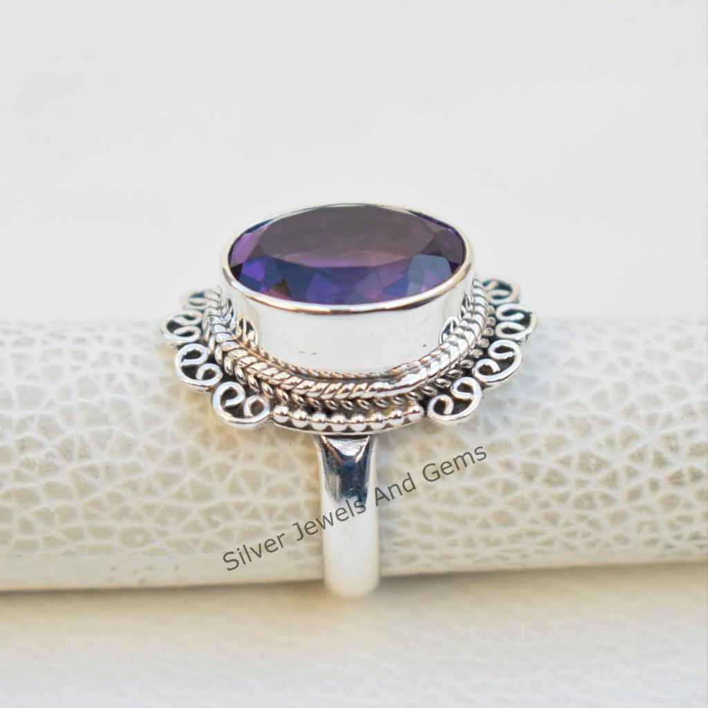 Oval Amethyst Ring, 925 Sterling Silver February Birthstone Boho Ring