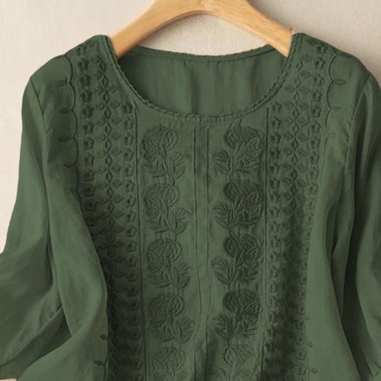 Kadınlar İçin Nakışlı Üstler 3/4 Kol Yazlık Günlük Boho Bluzlar Retro Bol Bisiklet Yaka Bohem Gömlekler