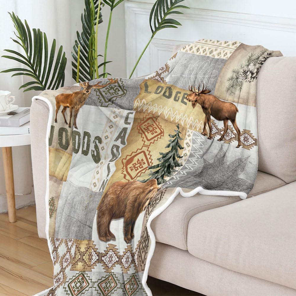 Rustic Throw Blankets GIFS,Bear Deer Elk Moose Green Forest Woodland Fleece Blanket, Adventure Life Cabin Farmhouse Decorative T