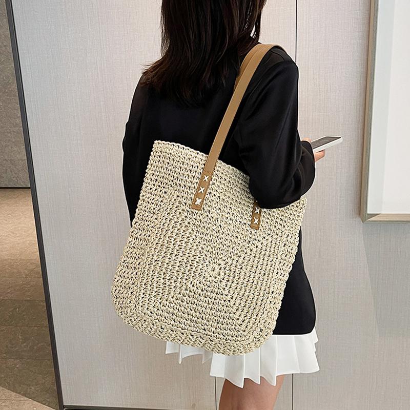 Eenvoudige en Grote Capaciteit Stro Geweven Tas Mode Zomer Strand Dames Schoudertas Trendy Rits Handtassen voor Meisjes