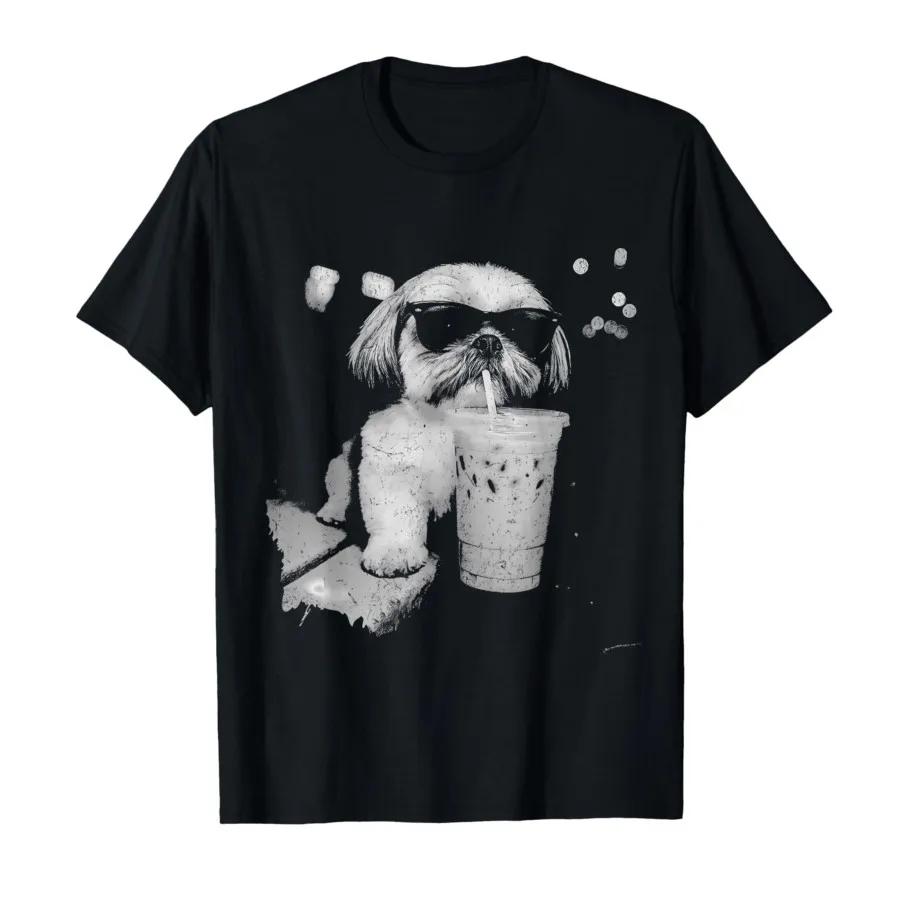 Funny Shih Tzu Drinking Iced Coffee Dog Lovers Meme Graphic Tshirt For Men Women 100 Cotton T Shirts Short Sleeve Tops 04063