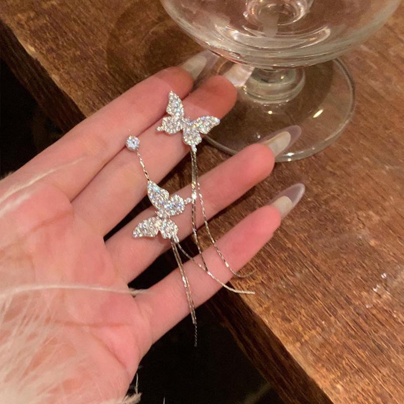 "925 Silver Long Tassel Zircon Bow Earrings for Women - Light Luxury & Versatile Design"