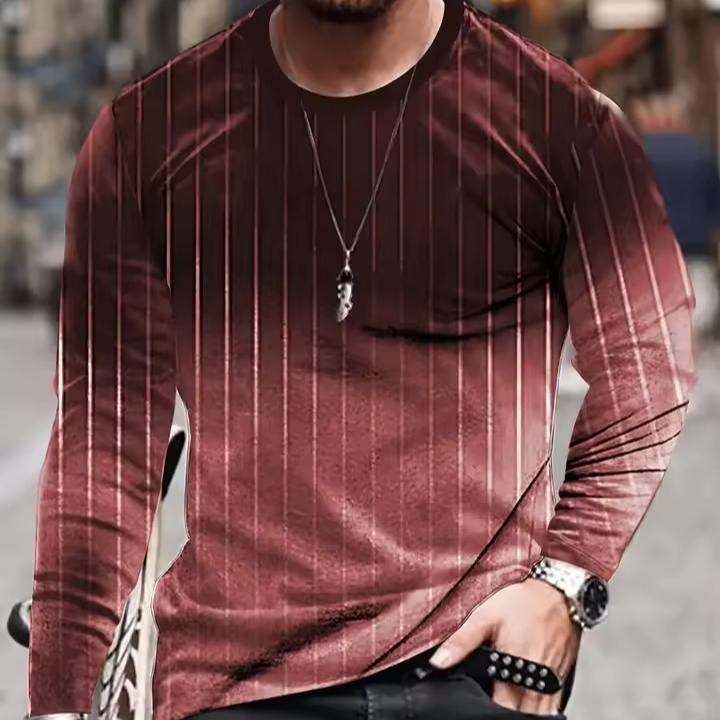 Vintage Langermet T-skjorte for Menn 3D Stripe Gradient Trykt T-skjorte Harajuku Oversized Topper Avslappet Menns Utendørs Jogging T-skjorter
