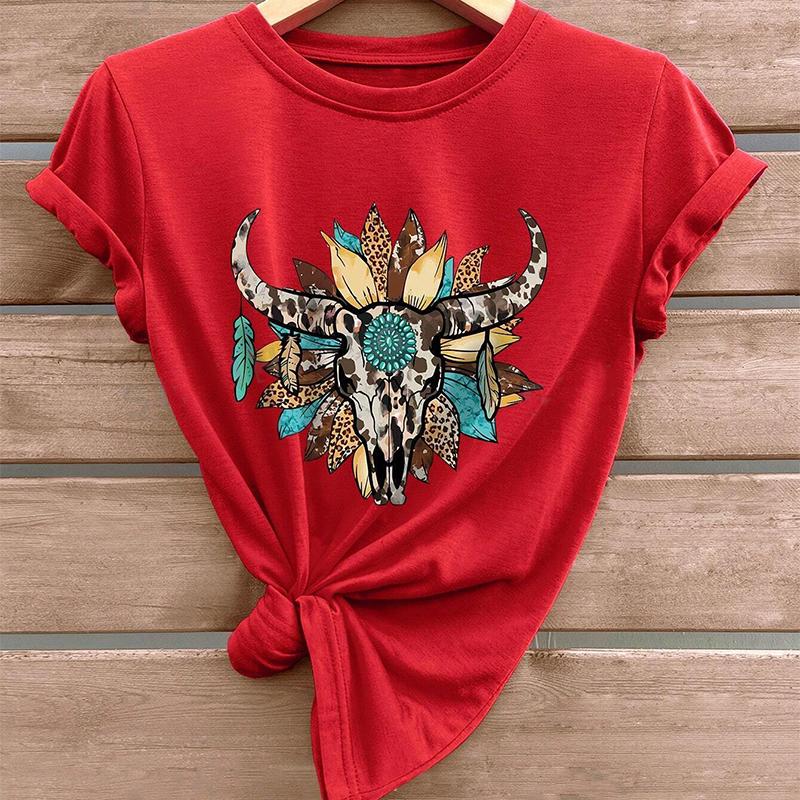 Fashion Women Animal Cow Skeleton Flower Print T Shirt Funny Casual O-neck Short Sleeves T-shirt Summer Female Tee Shirt