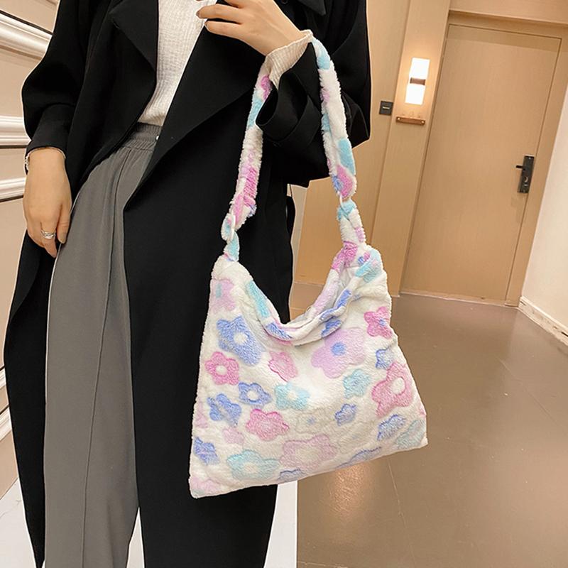 Yogodlns Mode Blumen Schulter Umhängetaschen Für Frauen Weiche Plüsch Shopper Totes Weibliche Große Kapazität Handtasche Warme Flauschige Eimer Taschen