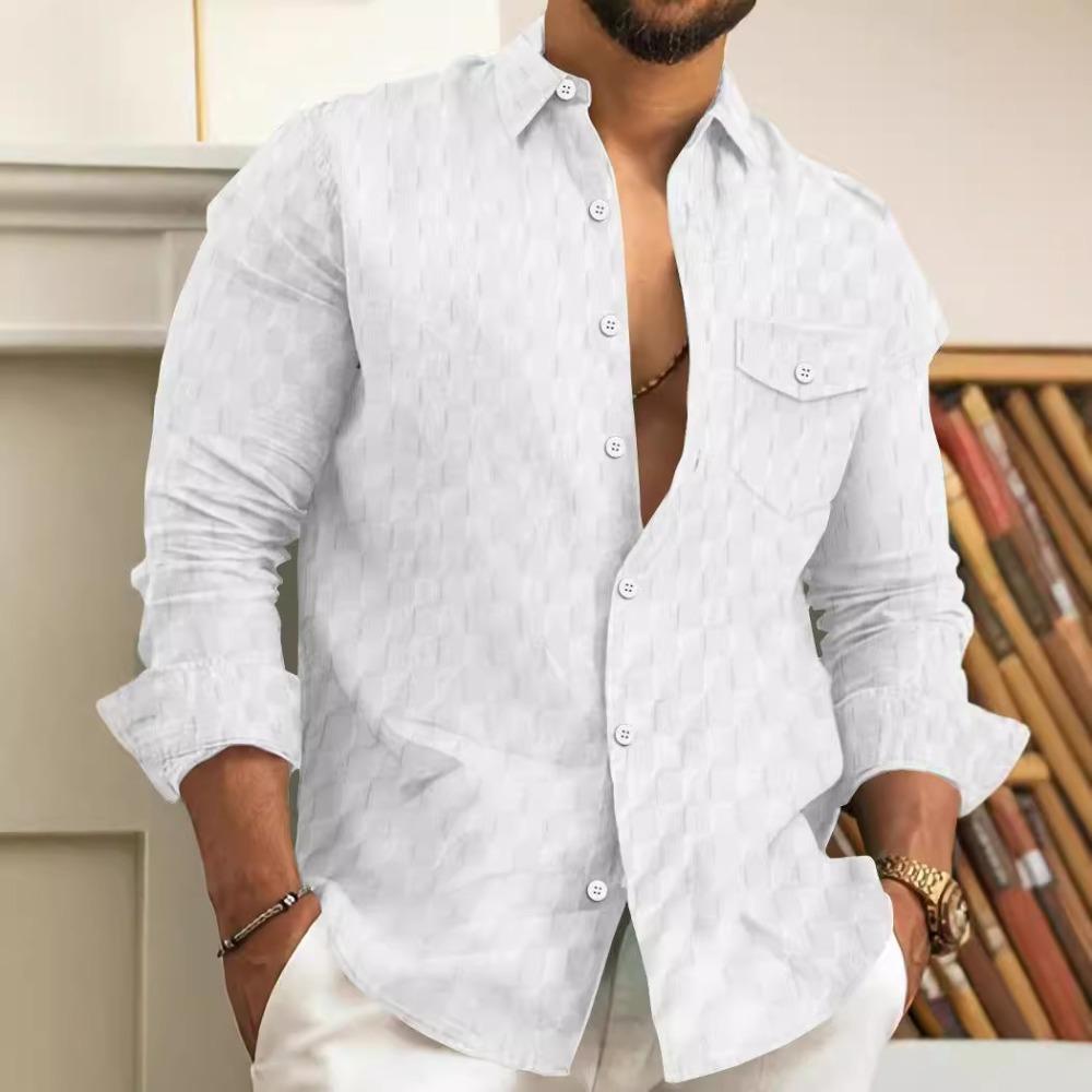 Men's Checkered Chest Pocket Lapel Long Sleeved Shirt