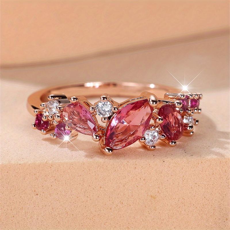 Luxury Rose Golden Color Waterdrop Cut Rose Red Stone Ring Wedding Band Valentine's Day Jewelry