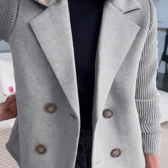 Sobretudo de Lã para Mulher com Botões Duplos, Lapela Entalhada, Tricô Canelado, Manga Comprida, Casaco Blazer Curto Outwear de Outono