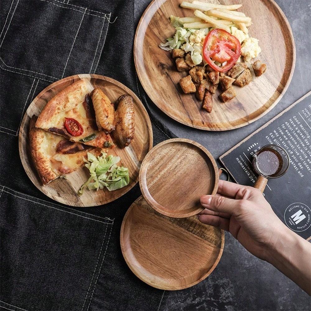 Houten Serveerbord Rond Voedselveilig Schaal voor Fruit Salade Snacks Sushi Dessert Cake Keuken Dinerbord Brood Steak Pizza Dienblad