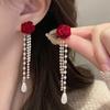 1 Pair Rose Tassel Dangle Earrings for Women, Faux Pearl Rhinestone Fringe Stud Earrings, Hypoallergenic Lightweight Drop Earrings