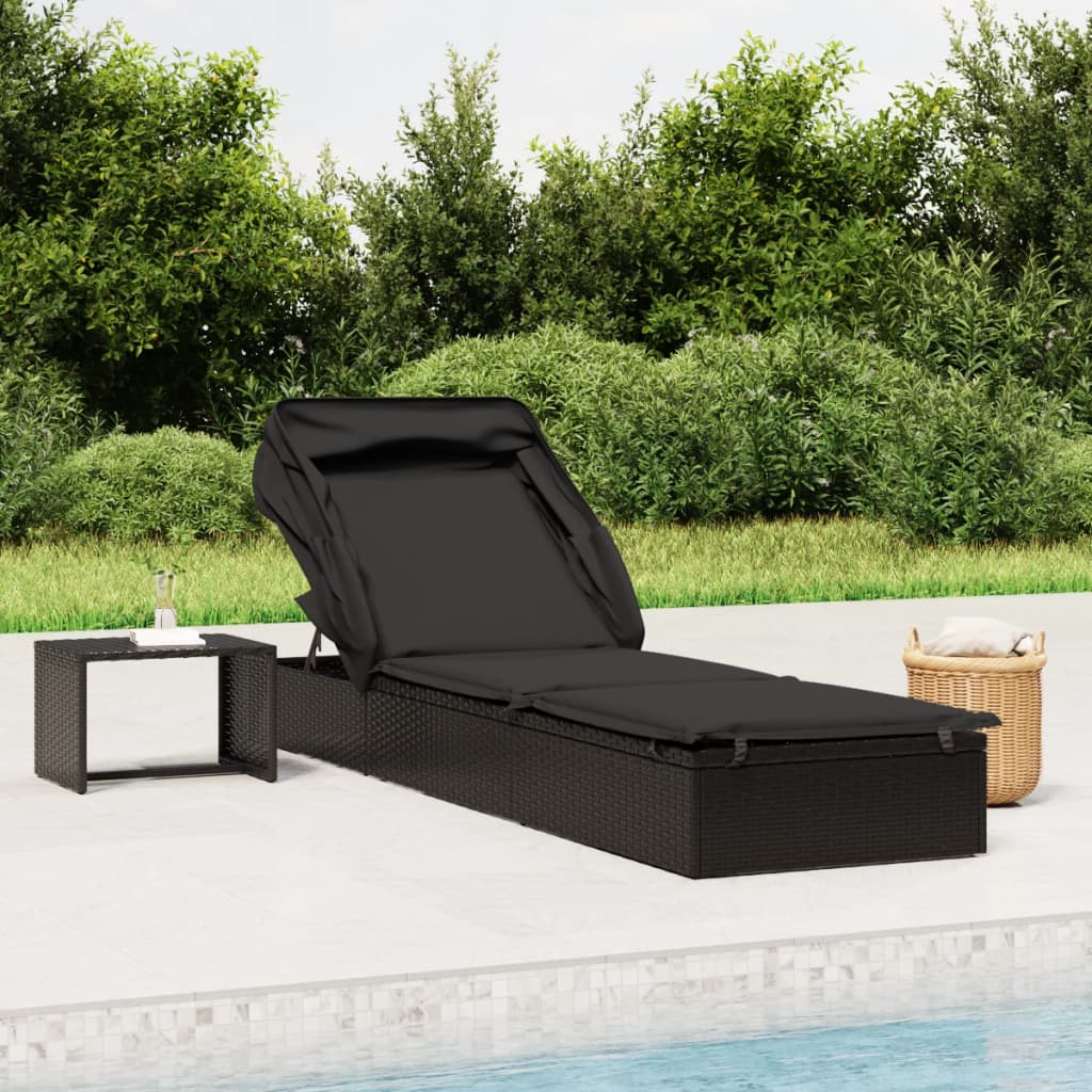 Folding Sun Lounger with Canopy Black 213x63x97 Cm Poly Rattan