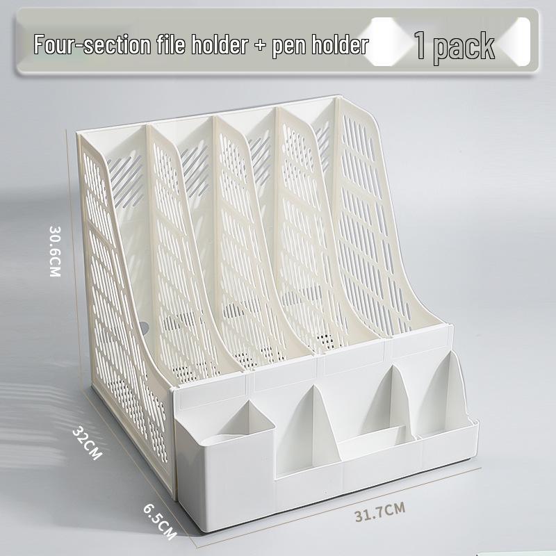 Desktop File Organizer: Four-Compartment Rack with Pen Holder and A4 Storage Box