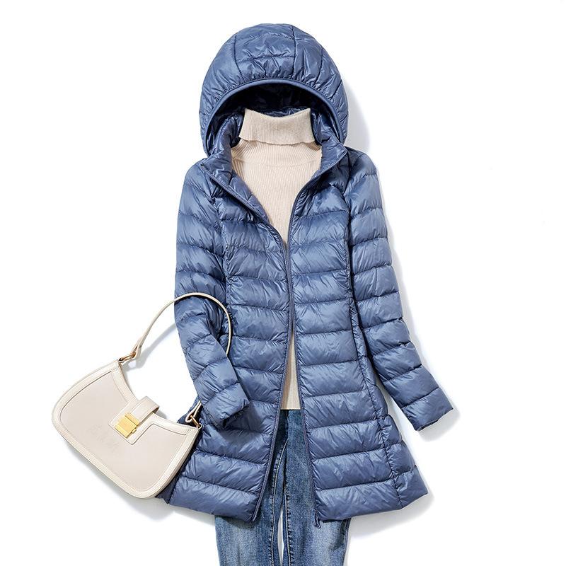 Frauen Herbst Winter Stehkragen Kapuze Einfarbig Reißverschluss Lange Weiße Ente Daunenjacke M-5XL