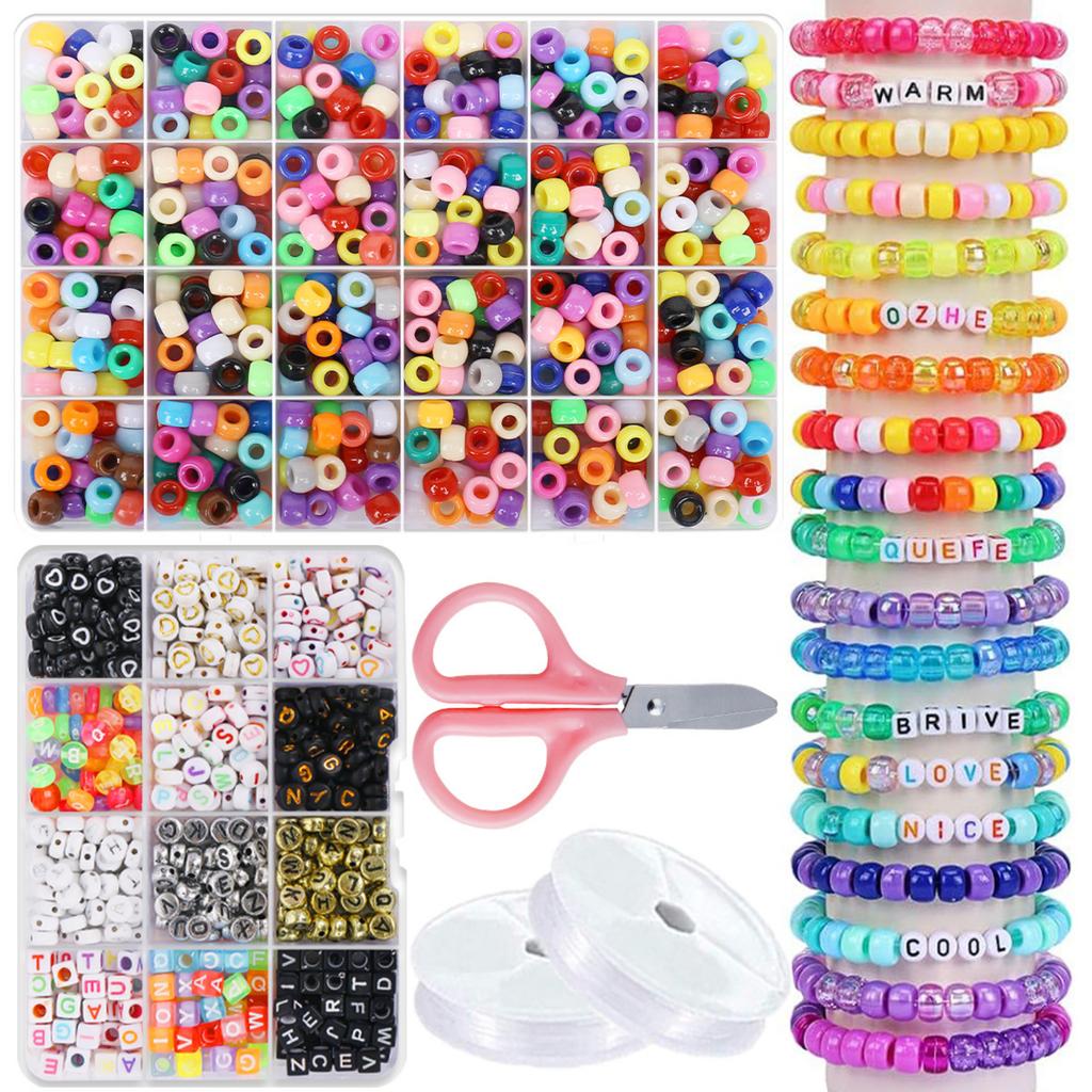 Colorful Beads for Bracelet Making, DIY Jewelry Kit with Mixed Beads, Letter Beads, String and Scissors