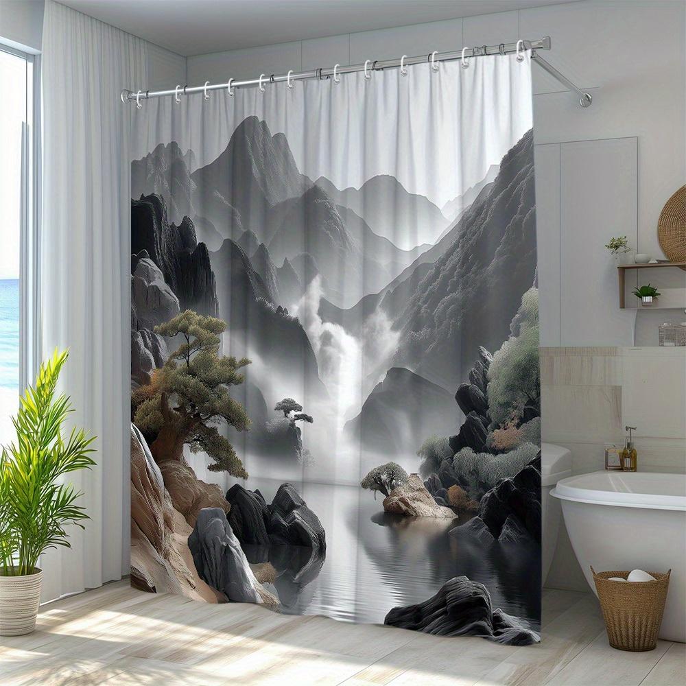 1Pc Landscape Shower Curtain With Natural Mountain And Water Painting Elements, Featuring Serene Scenery Of Clouds, Mist, And Gu