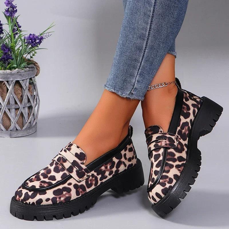 Trendy Leopard Print Loafers Women Autumn Casual Suede Platform Anti Slip Plus Size Versatile Single Shoe