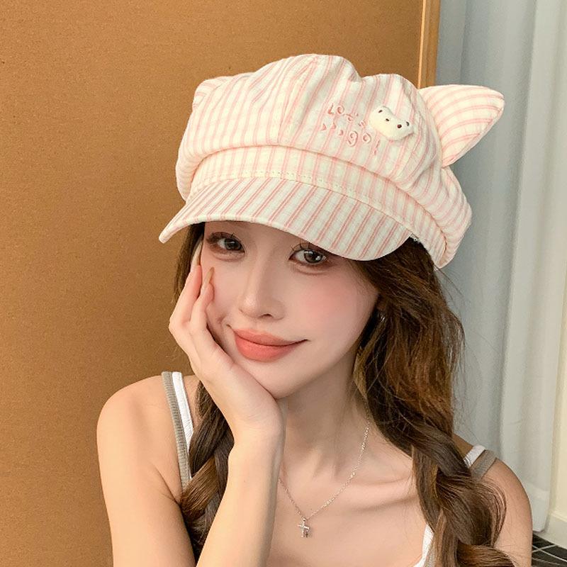 Niche Design Cute Cartoon Cat Ears Plaid Beret Female Spring and Summer Fresh and Versatile Face Small Octagonal Hat Tide